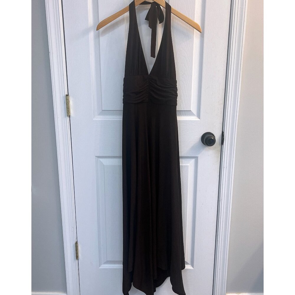 BCBGMaxAzria Brown Halter Midi Evening Gown – Size Small – Lightweight, Stretchy